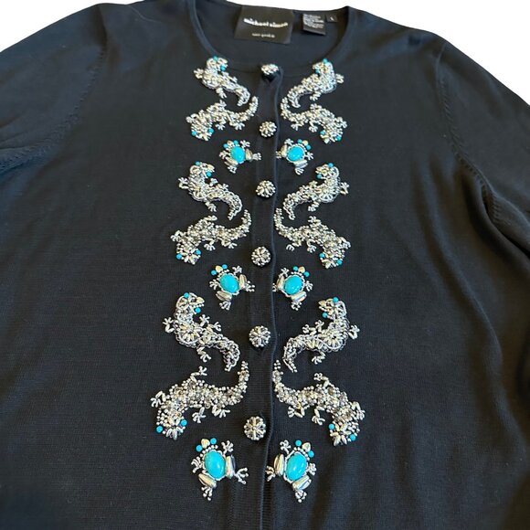Michael Simon Vintage Retro Cardigan Sweater Turquoise Beaded Gecko Frog Large - Picture 4 of 11